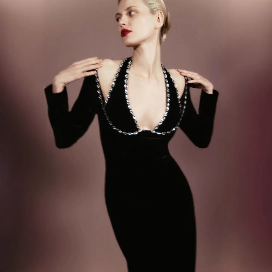 Black Velvet V-Neck Long Sleeve Rhinestone Bodycon Maxi Gown