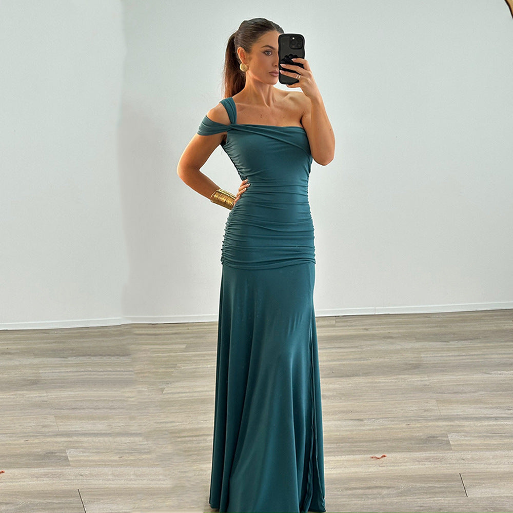 One Shoulder Ruched Gathered Bodycon Column Maxi Gown