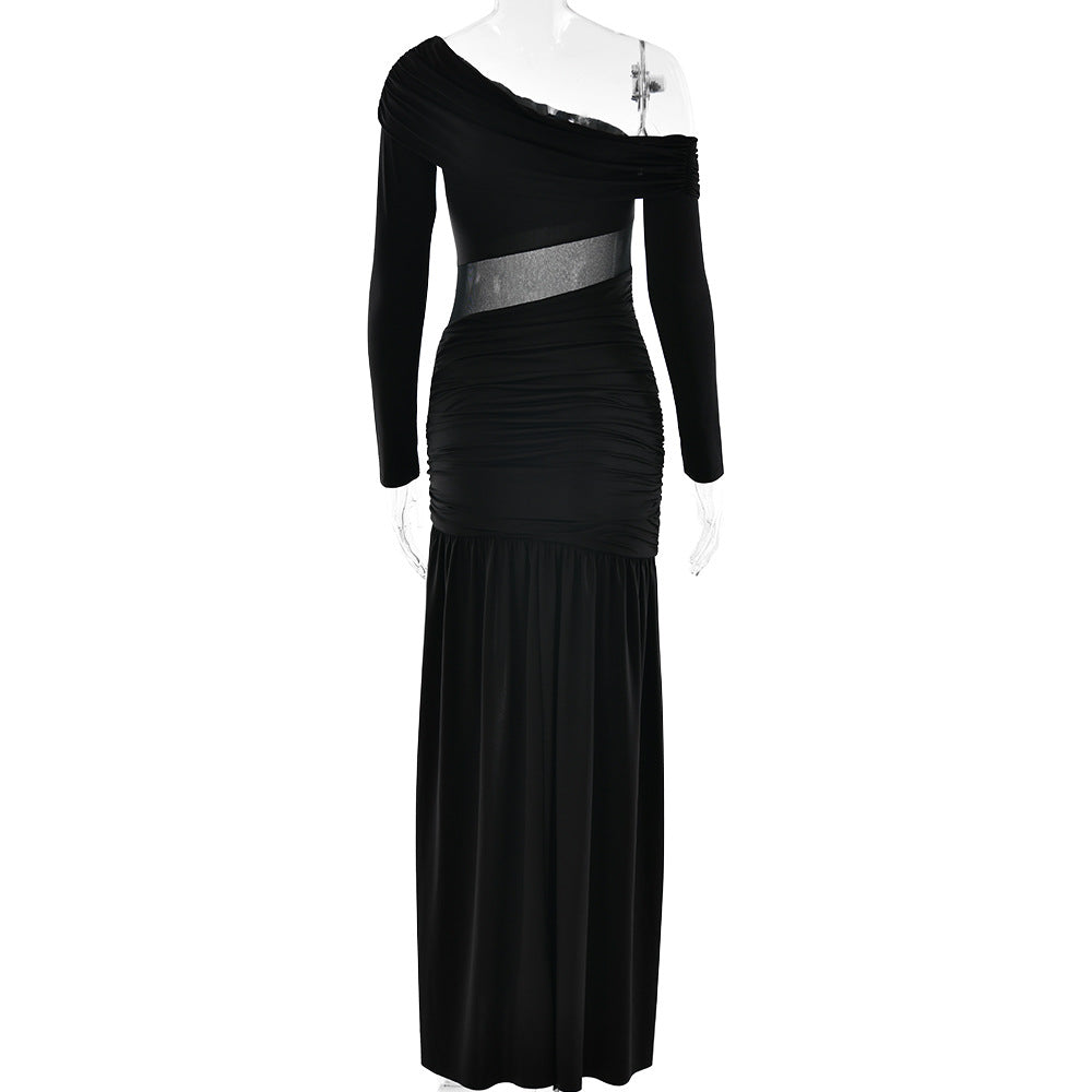 One Shoulder Asymmetric Ruching Mesh Midriff High Slit Maxi Gown 6