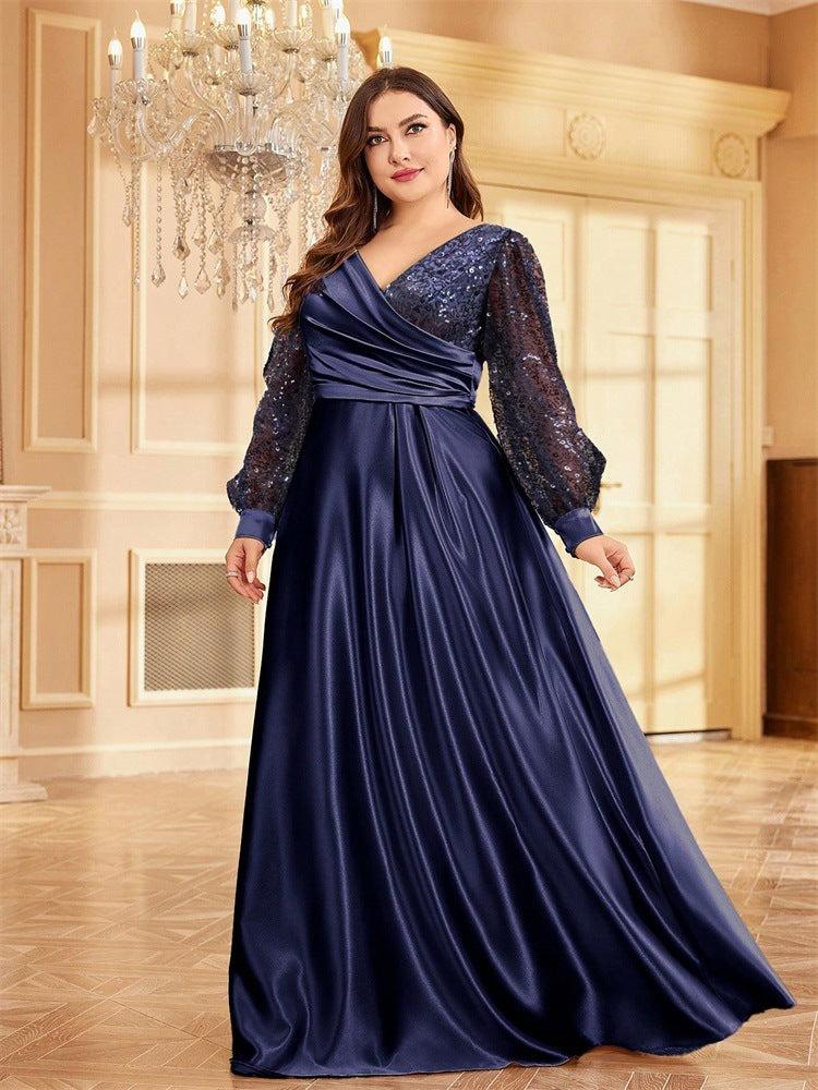 Sequin Lantern Sleeve Surplice V-Neck Satin Maxi Gown 3
