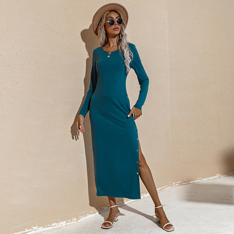 Long Sleeve Rib Knit Button Trim Slit Midi Dress 3