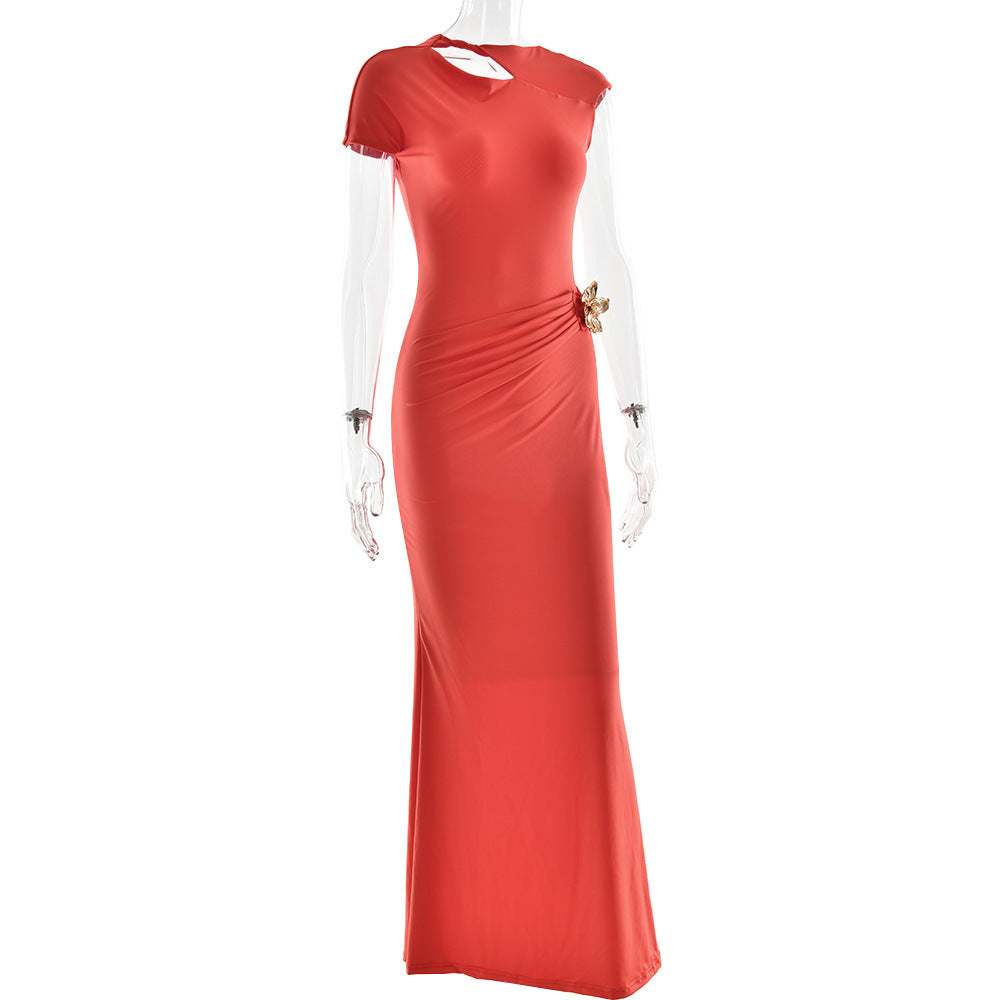 One Shoulder Cap Sleeve Cutout Ruched Maxi Dress with Buckle 7