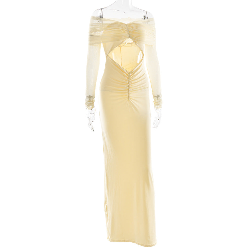 Off Shoulder Mesh Sleeve Diamond Cutout Ruched Column Maxi Gown 11