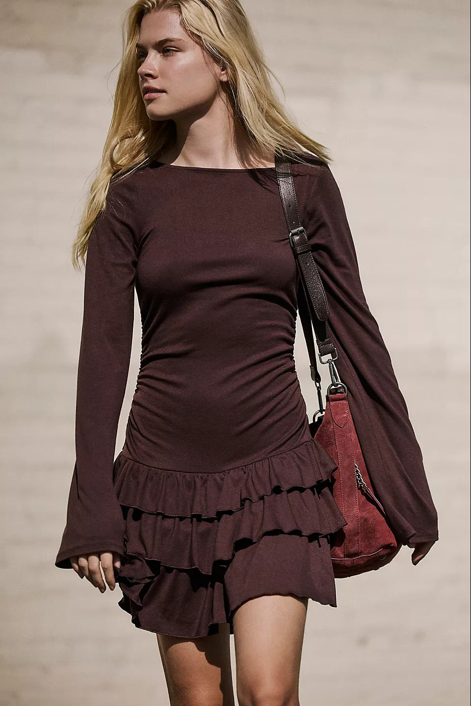 Boat Neck Long Sleeve Side Ruched Tiered Ruffle Ribbed Mini Dress 5
