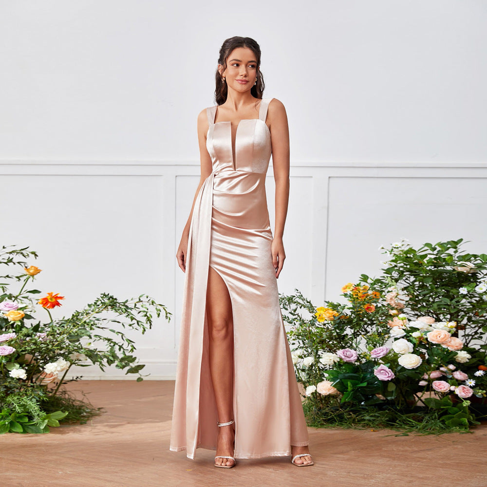Square Neck Vertical Cutout Ruched Satin High Slit Drape Panel Maxi Gown 5