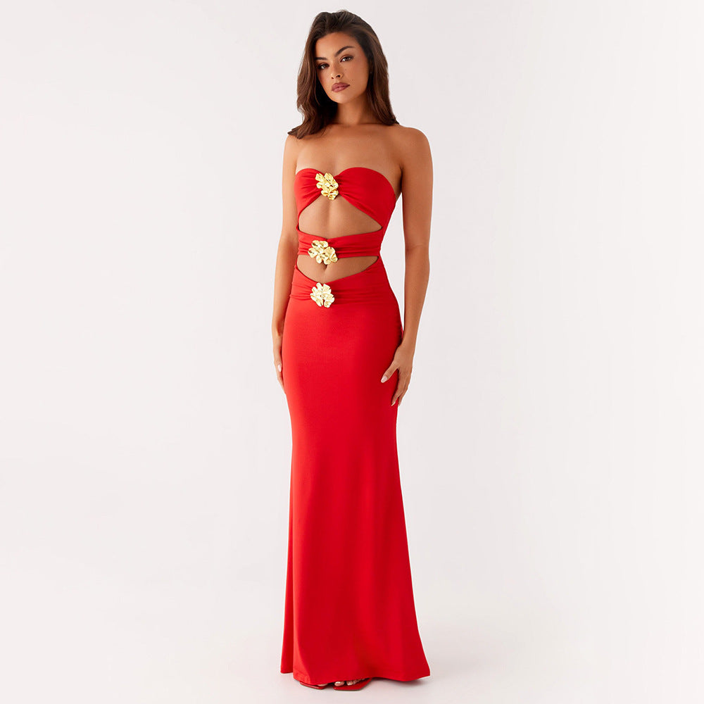 Strapless Floral Hardware Midriff Cutout Column Maxi Gown 2