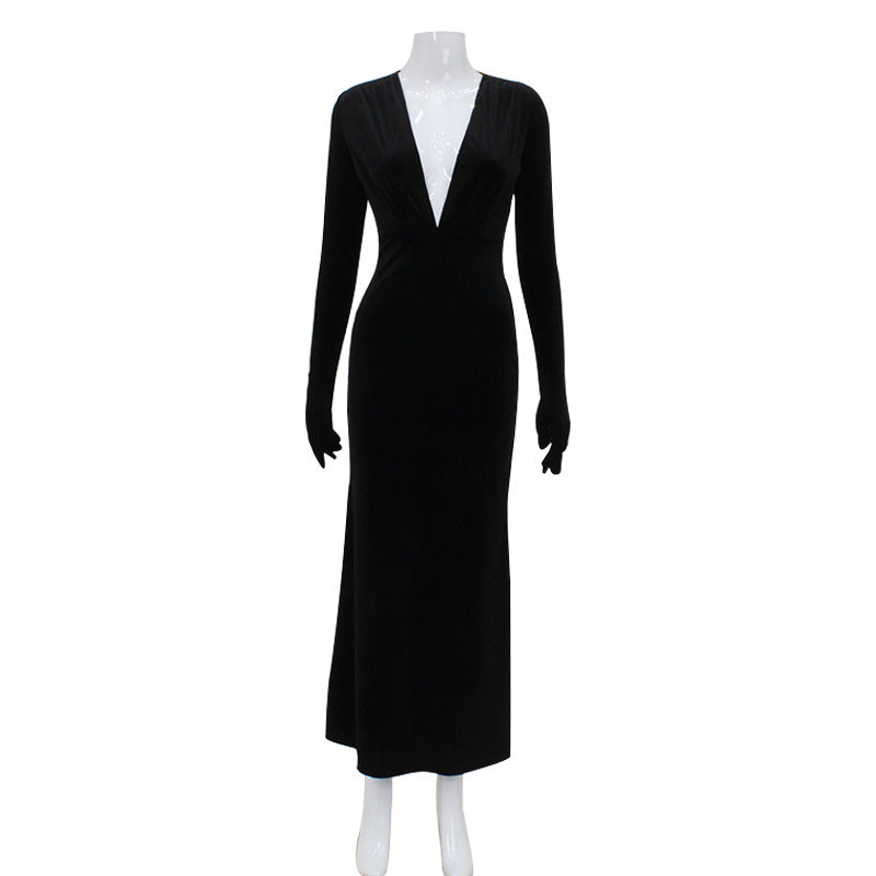 Deep Plunge V-Neck Velvet Integrated Glove Long Sleeve Mermaid Maxi Gown 5