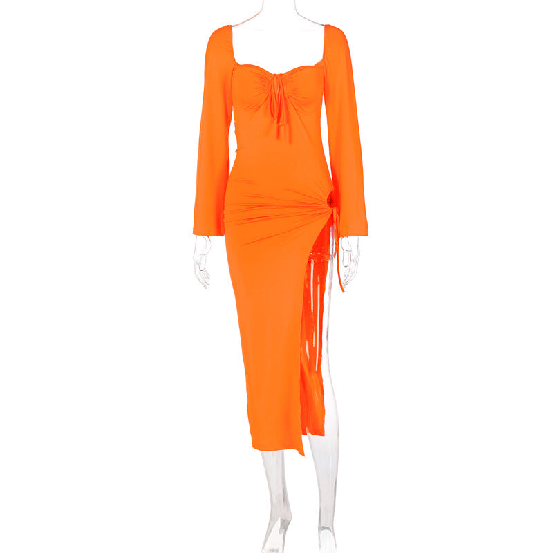 Sweetheart Keyhole Tie Long Sleeve Hip Cutout Slit Maxi Dress 5
