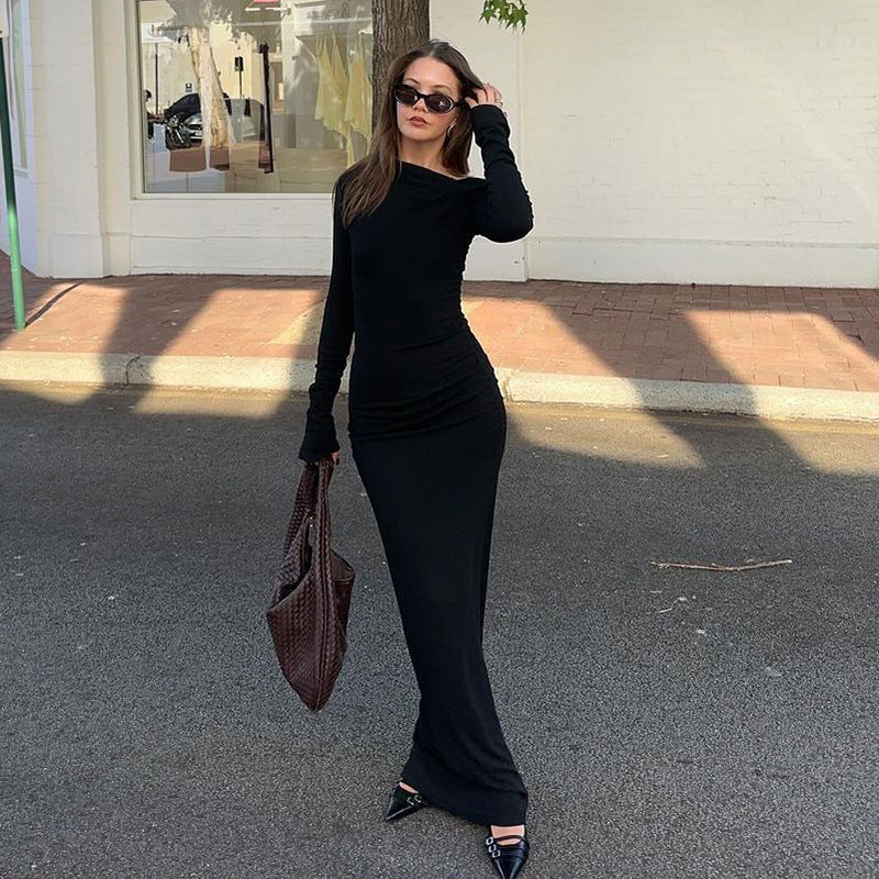 Asymmetric Off Shoulder Ruched Gathered Long Sleeve Bodycon Maxi Dress 4