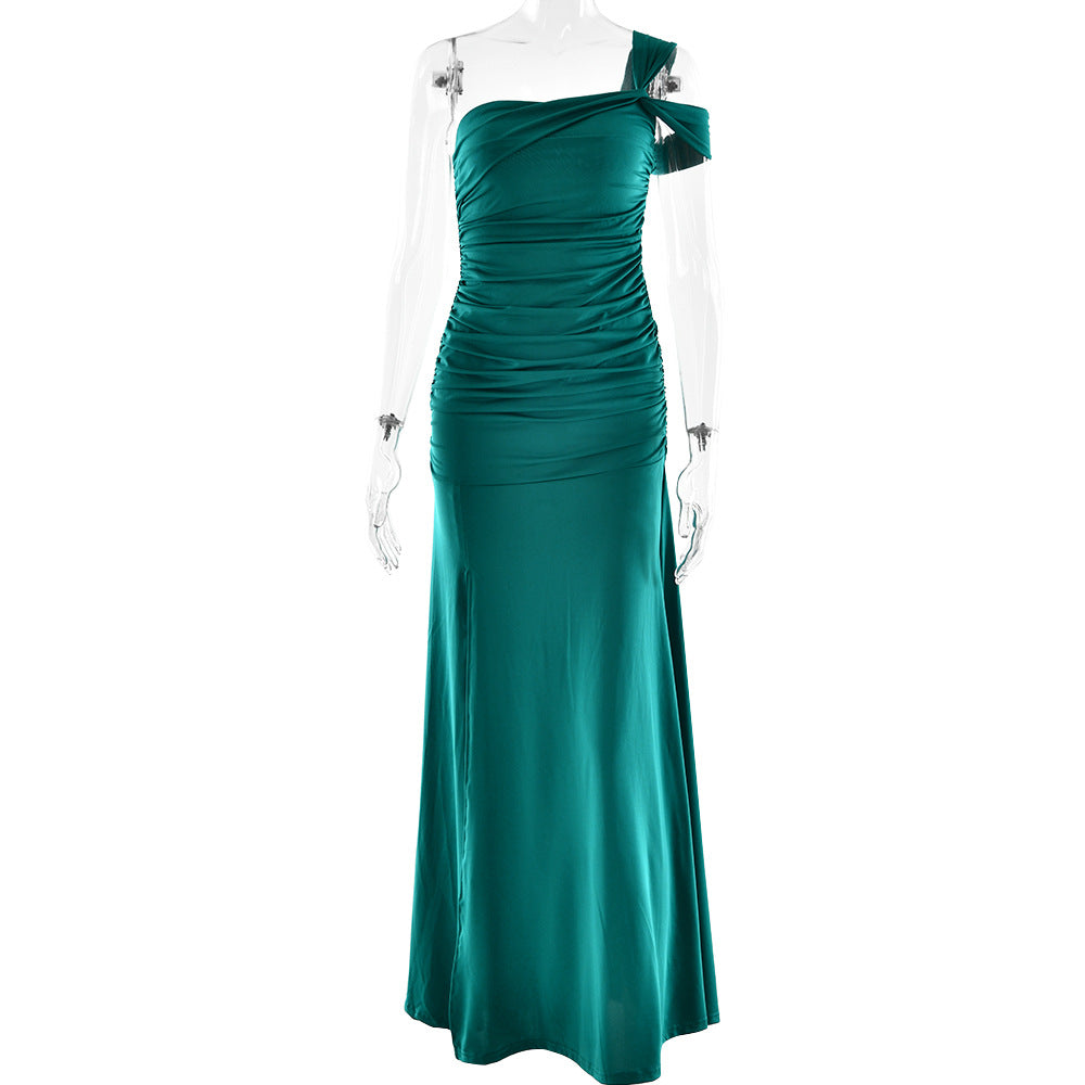 One Shoulder Ruched Gathered Bodycon Column Maxi Gown 3
