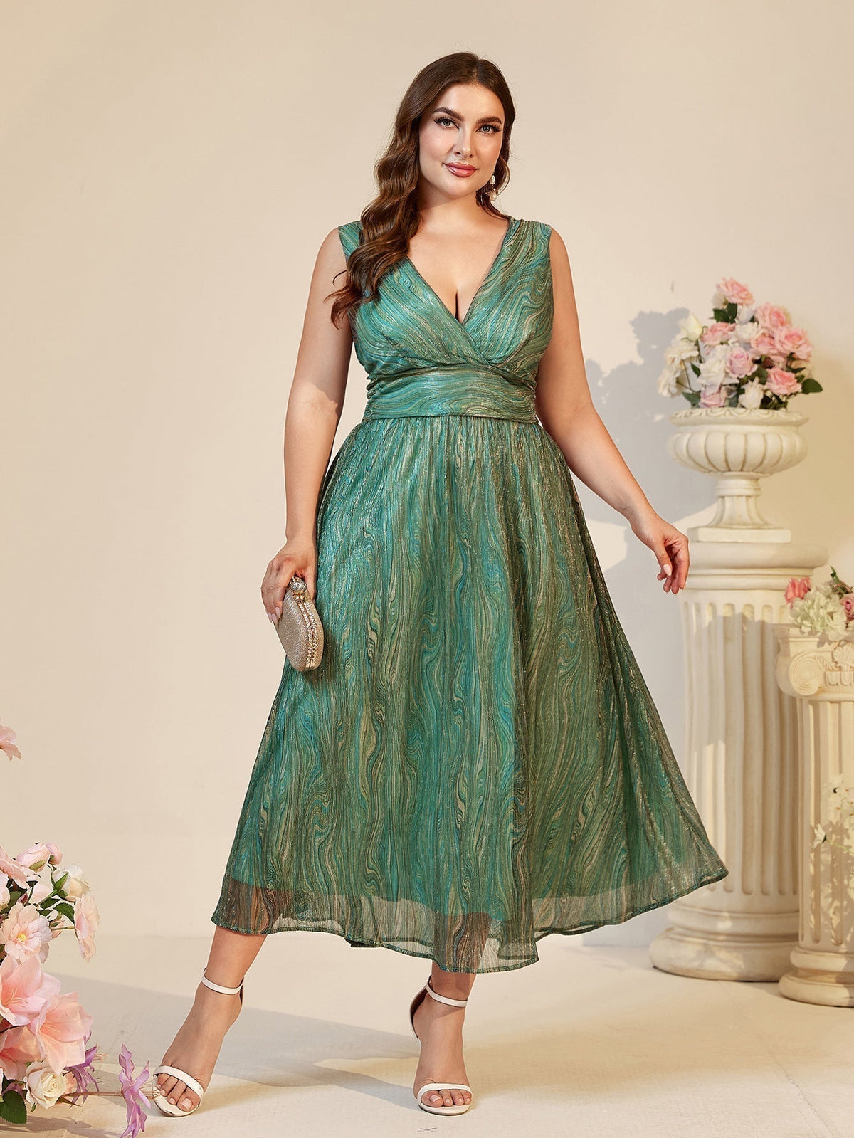 Deep V Neck Wrap Bodice Gathered Waist Shimmer Pleated Midi Dress 5