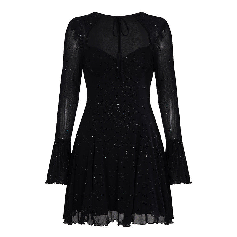 Mesh Glitter Lace Up Keyhole Long Sleeve Tiered Fit and Flare Mini Dress 2