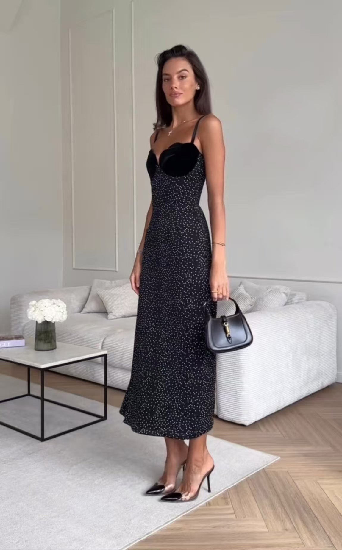 Spaghetti Strap Scalloped Velvet Bust Polka Dot Bodycon Maxi Dress 5
