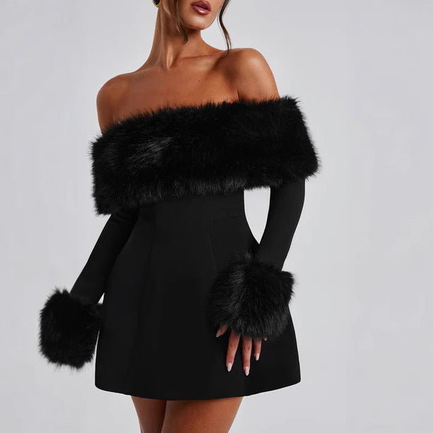 Off Shoulder Bardot Long Sleeve Faux Fur Cuff Bodycon Mini Dress