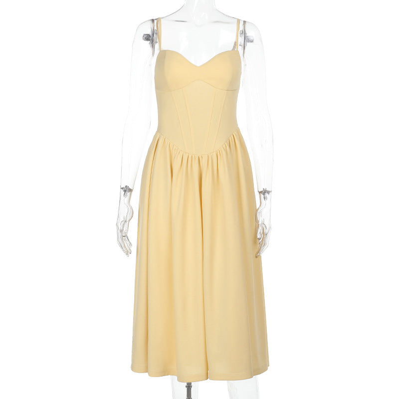 Sweetheart Spaghetti Strap Corset Bodice Pleated Pocket Midi Dress 7