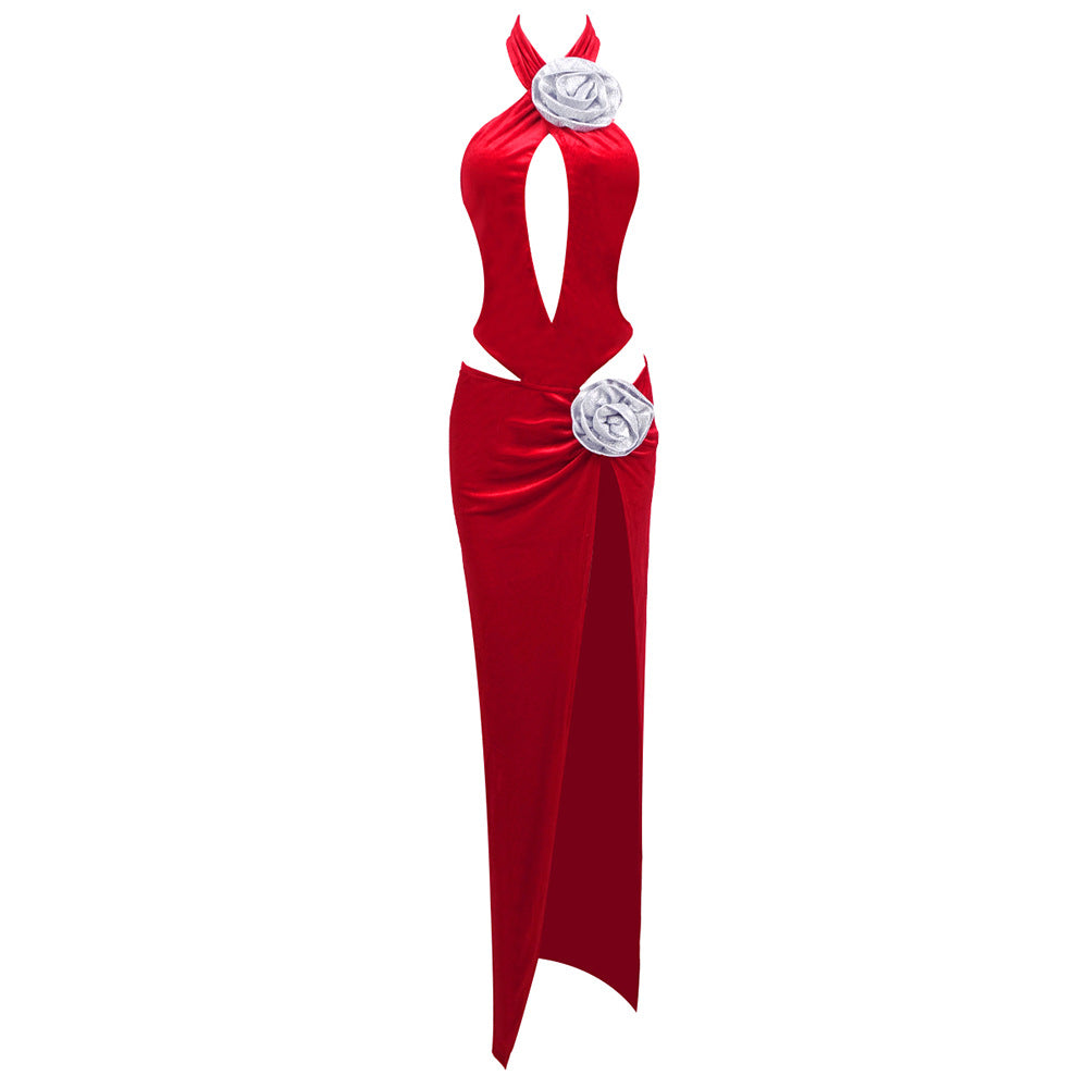 Halter Plunging V Velvet 3D Floral Applique Cutout Slit Maxi Dress 5