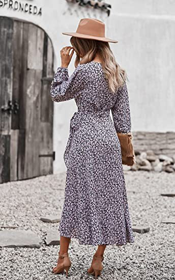 Floral Wrap V-Neck Long Sleeve Ruffle Hem Midi Dress 4