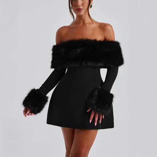 Off Shoulder Bardot Long Sleeve Faux Fur Cuff Bodycon Mini Dress 2