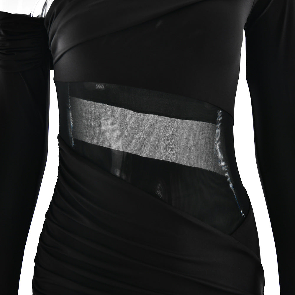 One Shoulder Asymmetric Ruching Mesh Midriff High Slit Maxi Gown 9
