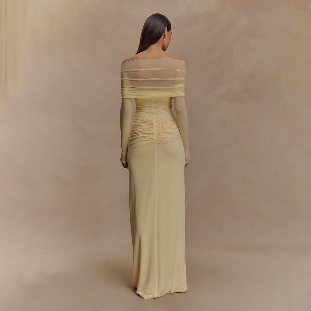Off Shoulder Mesh Sleeve Diamond Cutout Ruched Column Maxi Gown 3