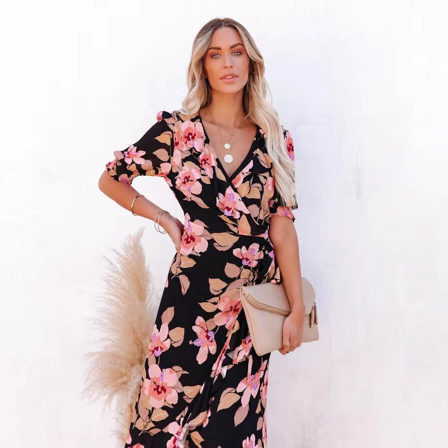 Floral Print Wrap V-Neck Puff Sleeve Ruffle Trim High-Low Maxi Dress 2