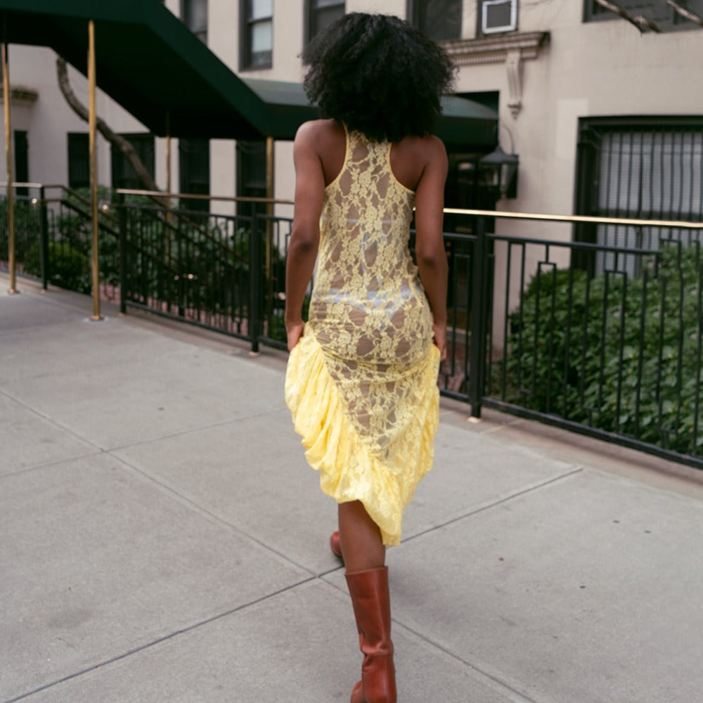 High Neck Sleeveless Sheer Floral Lace Ruffle Flounce High Slit Maxi Dress 5