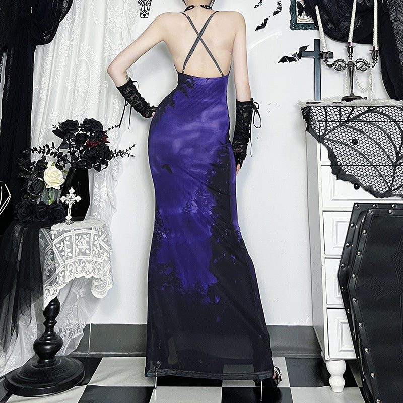 Cowl Halter Spooky Forest Bat Print Mermaid Maxi Dress 6