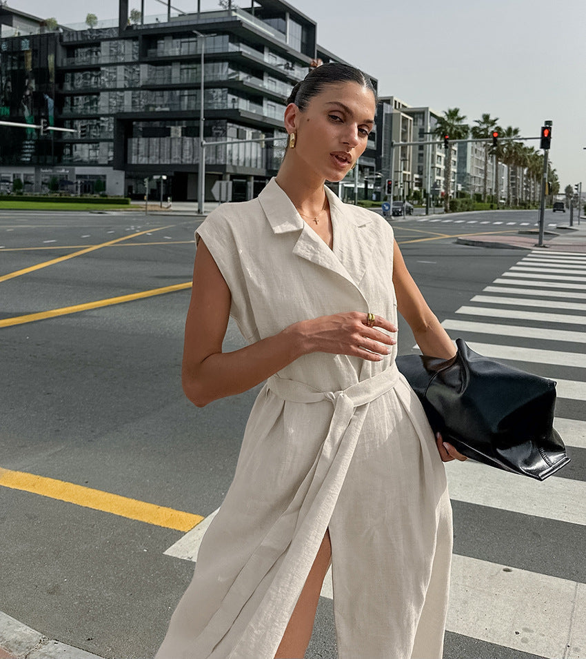Square Neck Spaghetti Strap Pleated Waist Belted Midi Dress 9
