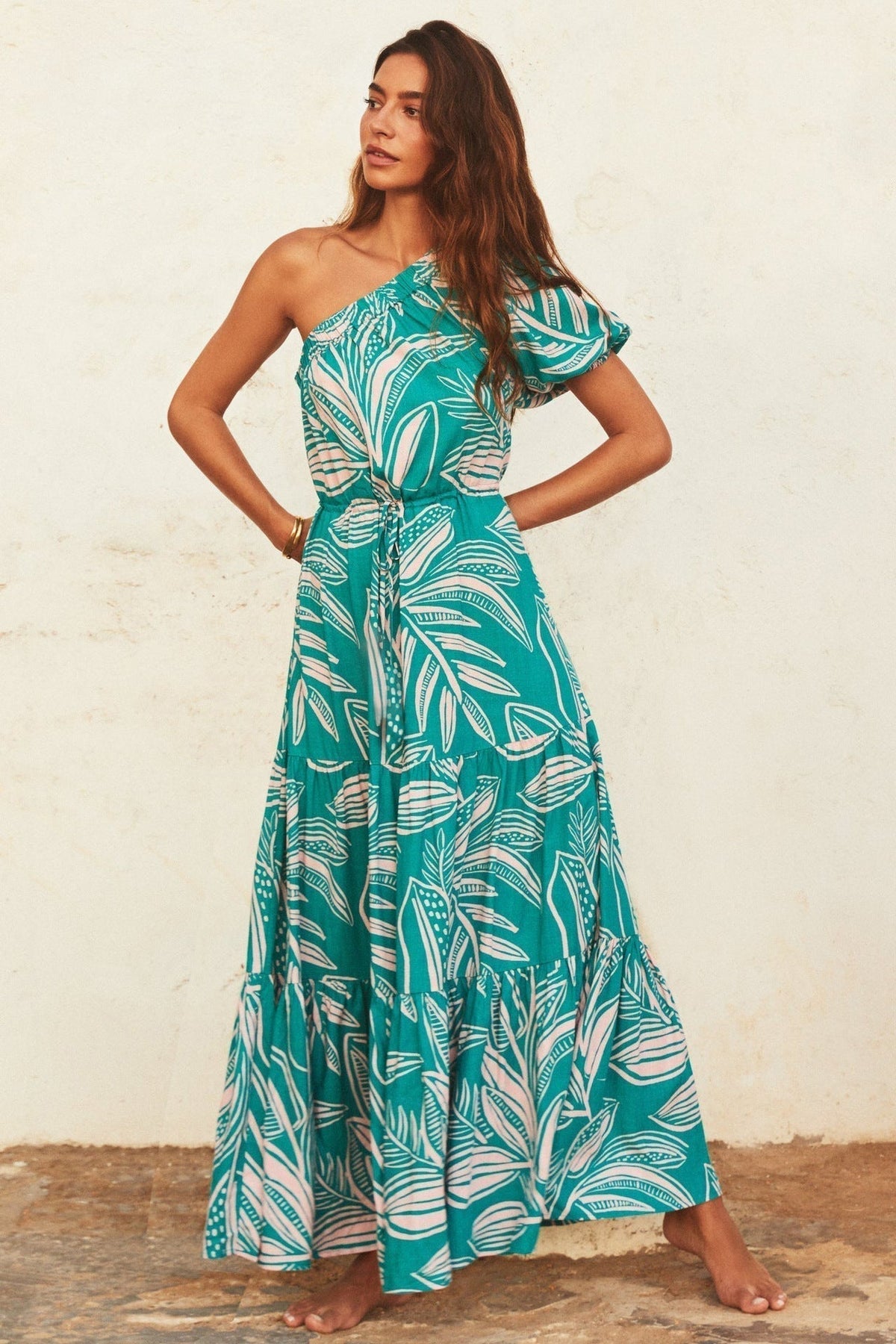 One Shoulder Tropical Print Ruffle Sleeve Tiered Maxi Dress 3