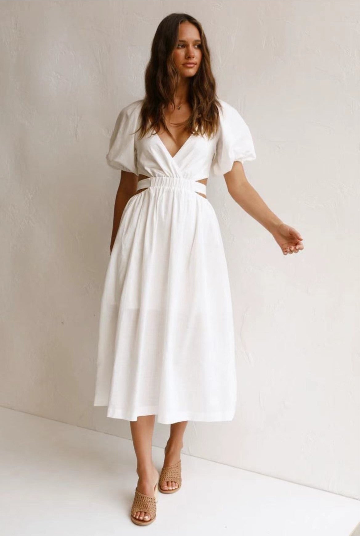 Deep V-Neck Puff Sleeve Side Cut Out Smocked Waist A-Line Midi Dress 3