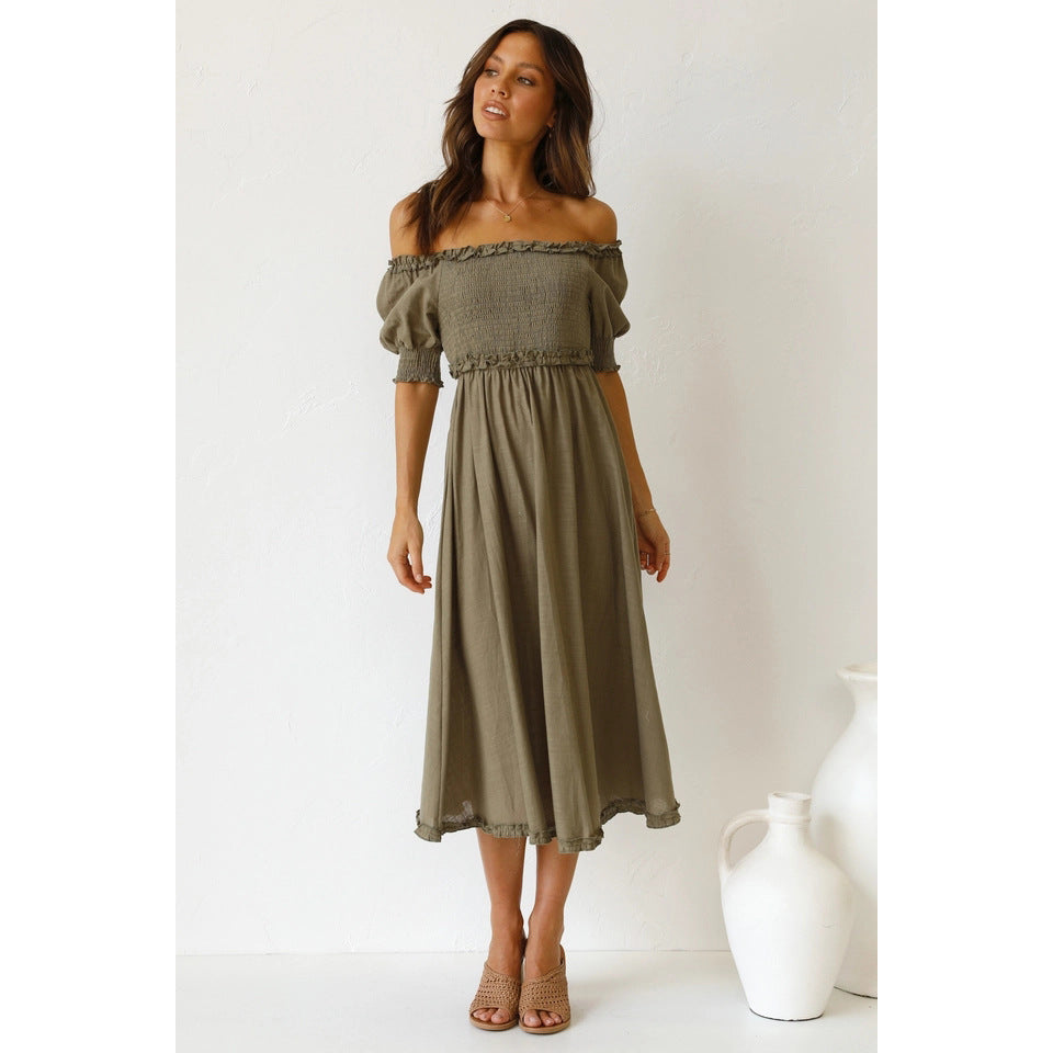 Off Shoulder Smocked Puff Sleeve Ruffle Trim Midi Dress 4