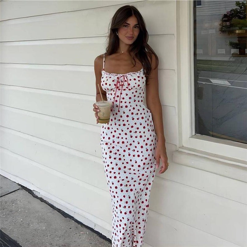 Ditsy Floral Print Spaghetti Strap Sweetheart Ruffle Trim Slip Maxi Dress 2