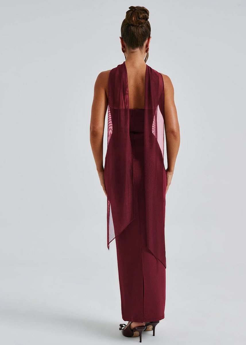 Strapless Horizontal Ruched Band Neck Scarf Detail Bodycon Maxi Dress 2