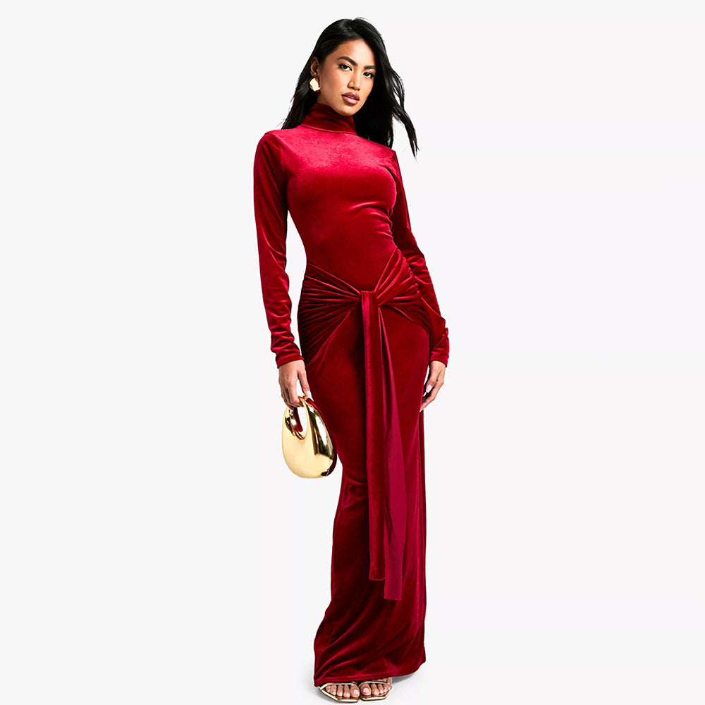Velvet Mock Neck Long Sleeve Ruched Waist Tie Sash Maxi Dress 3