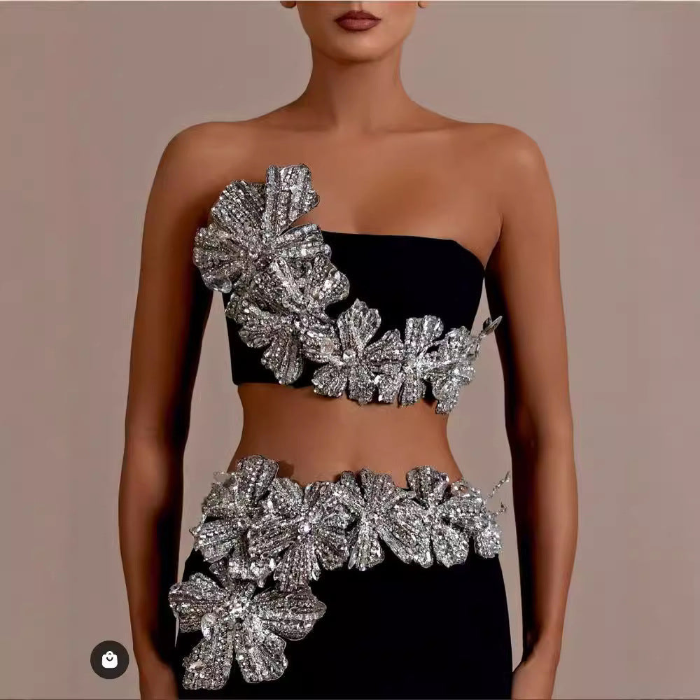 Black Sequin One-Shoulder Cut Out High Slit Maxi Gown