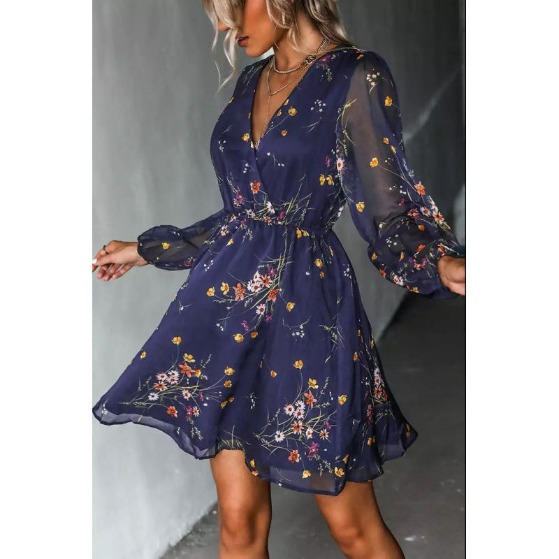 Ditsy Floral Print Surplice V-Neck Balloon Sleeve Elastic Waist Mini Dress 2