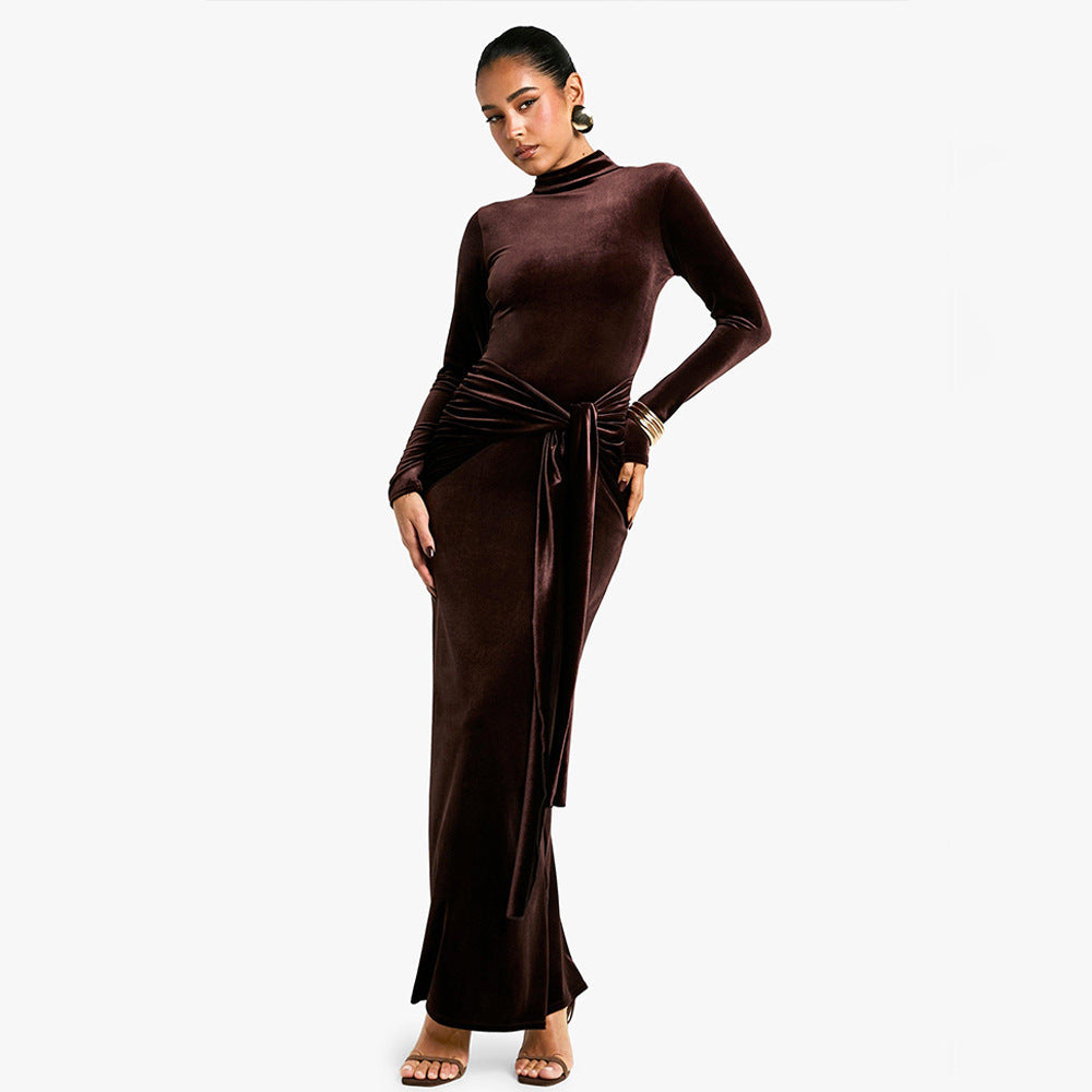 Velvet Mock Neck Long Sleeve Ruched Waist Tie Sash Maxi Dress 2