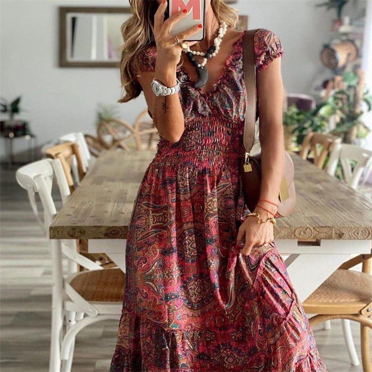 V Neck Smocked Puff Sleeve Paisley Tiered Maxi Dress 2