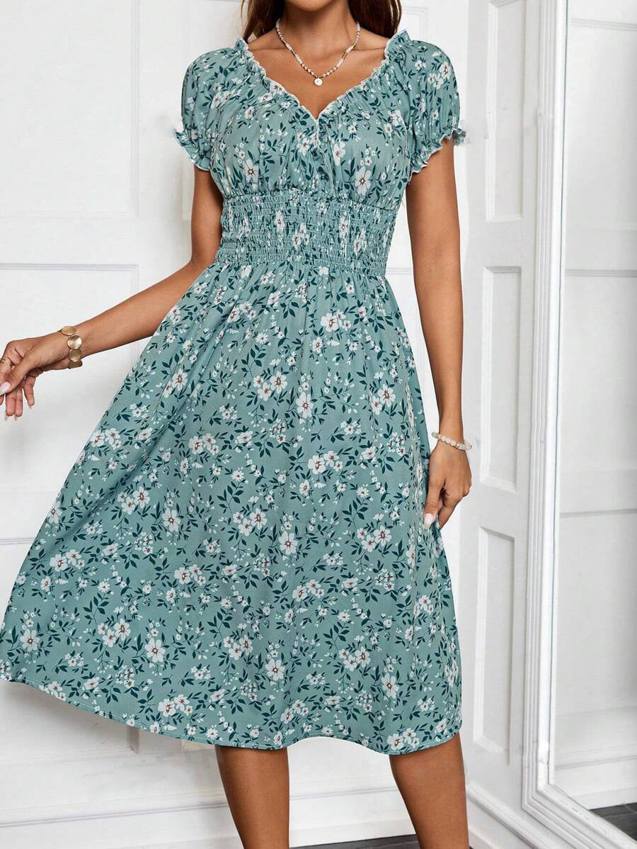 Ditsy Floral Lettuce-Edge V-Neck Puff Sleeve Smocked Waist A-Line Midi Dress 6
