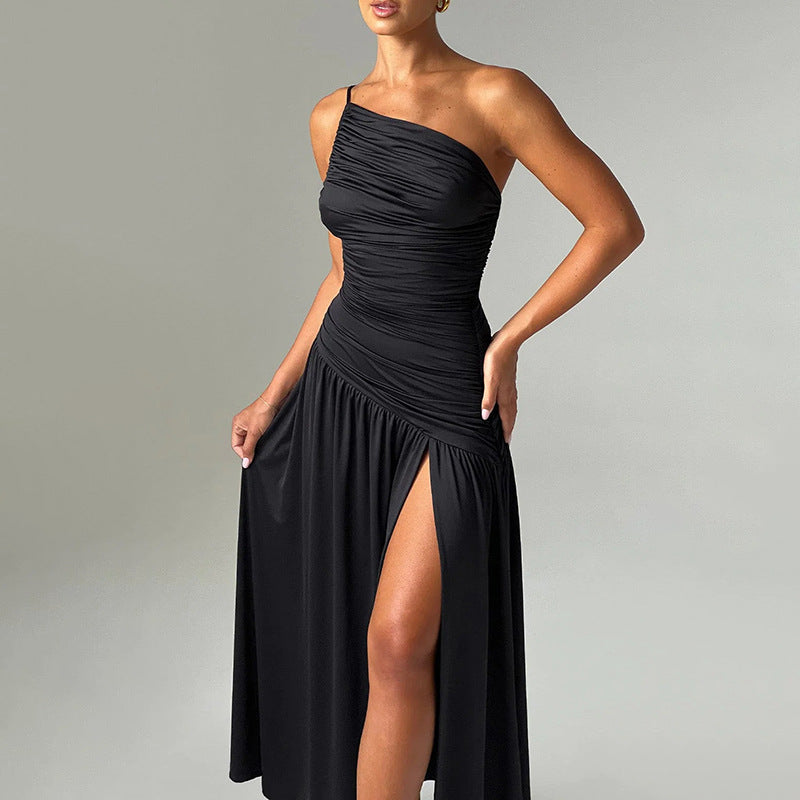 One Shoulder Ruched Horizontal Gather High Slit Floor Length Maxi Dress 3