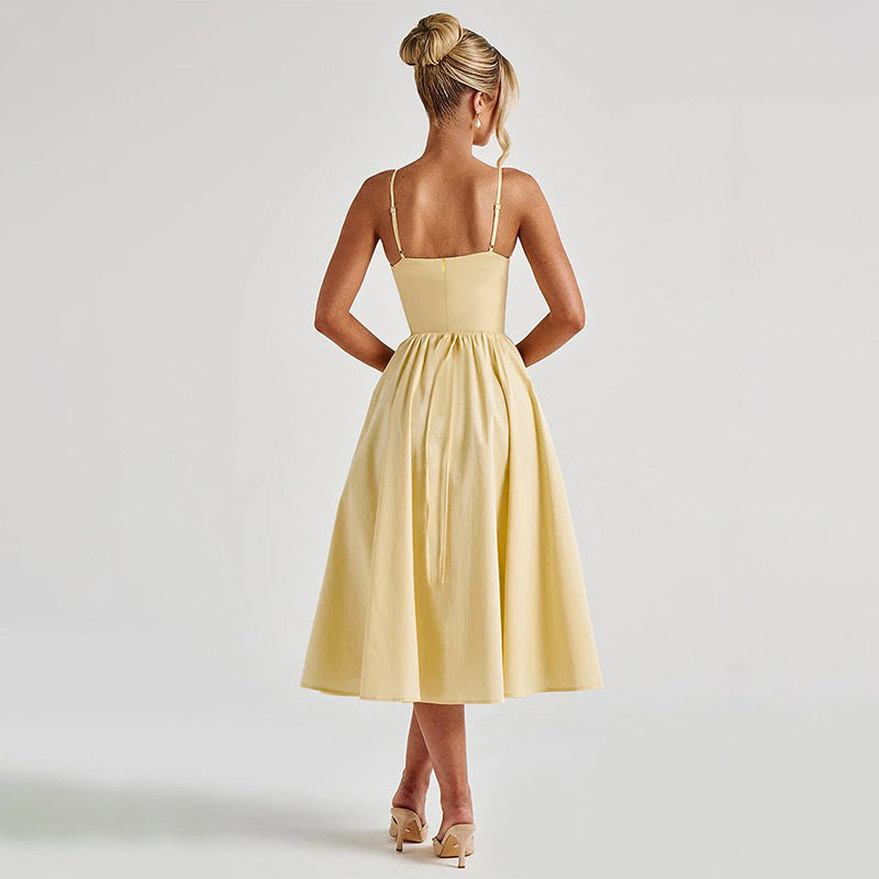 Sweetheart Spaghetti Strap Corset Bodice Pleated Pocket Midi Dress 4