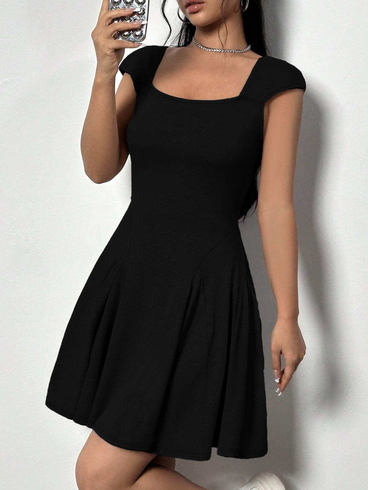 Square Neck Cap Sleeve Fit and Flare Pleated Skater Mini Dress 2