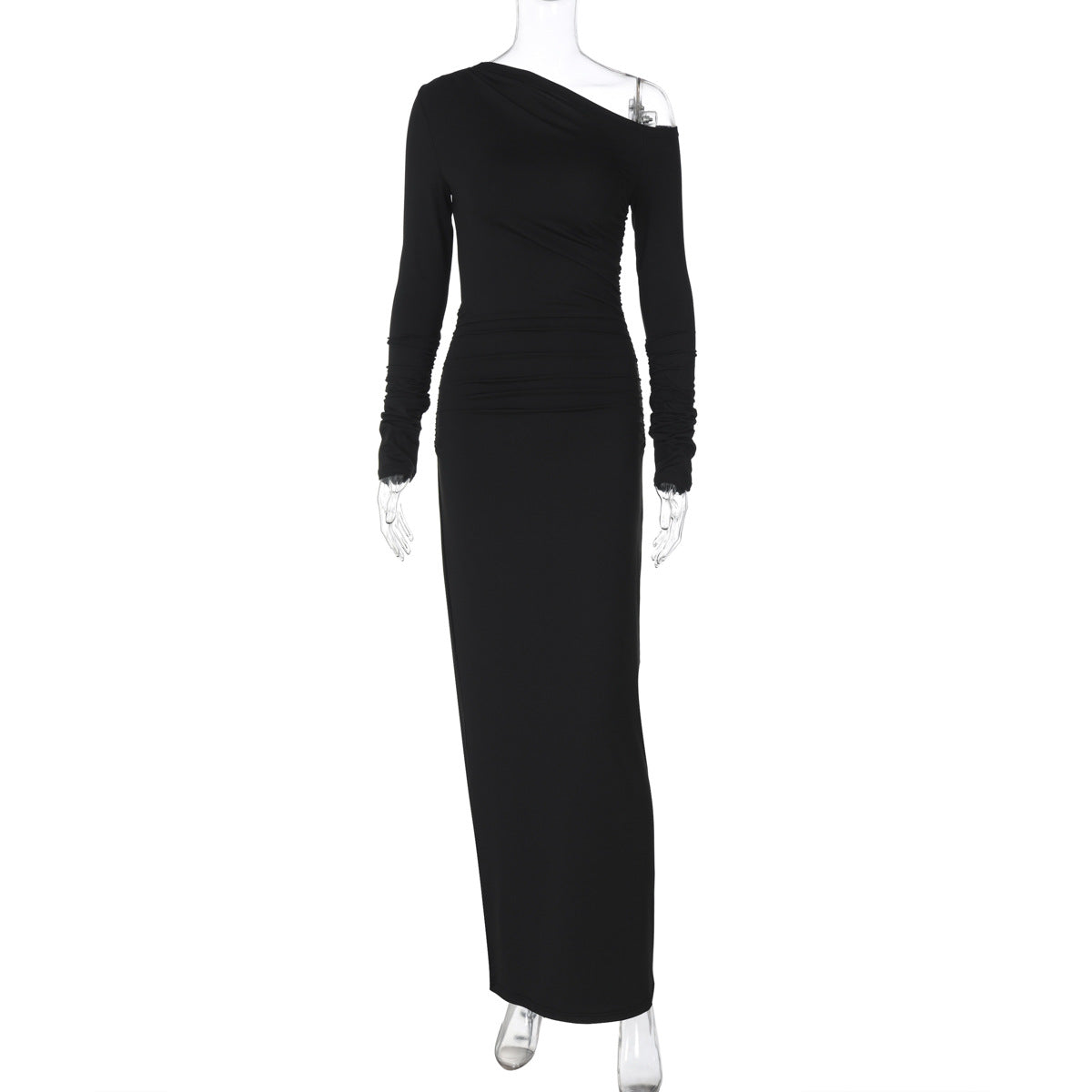 Asymmetric Off Shoulder Ruched Gathered Long Sleeve Bodycon Maxi Dress 7