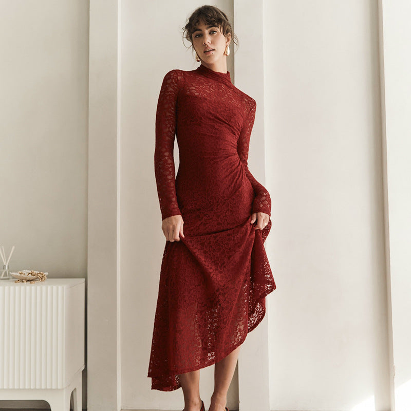 Mock Neck Long Sleeve Floral Lace Ruched High-Low Midi Dress