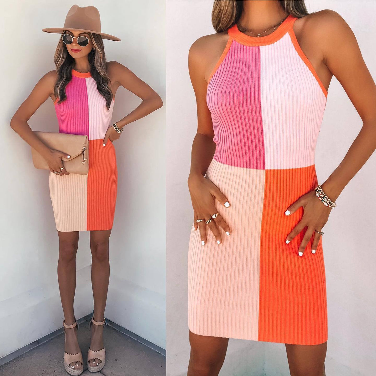 Halter Neck Rib Knit Color Block Sleeveless Bodycon Mini Dress 2