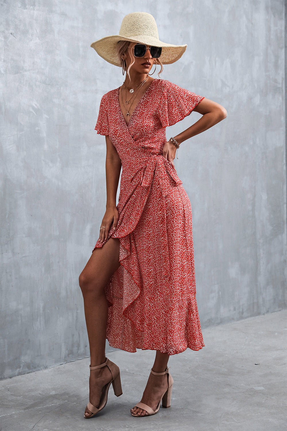 Deep V Neck Flutter Sleeve Wrap Tie Ditsy Floral High Low Midi Dress 2