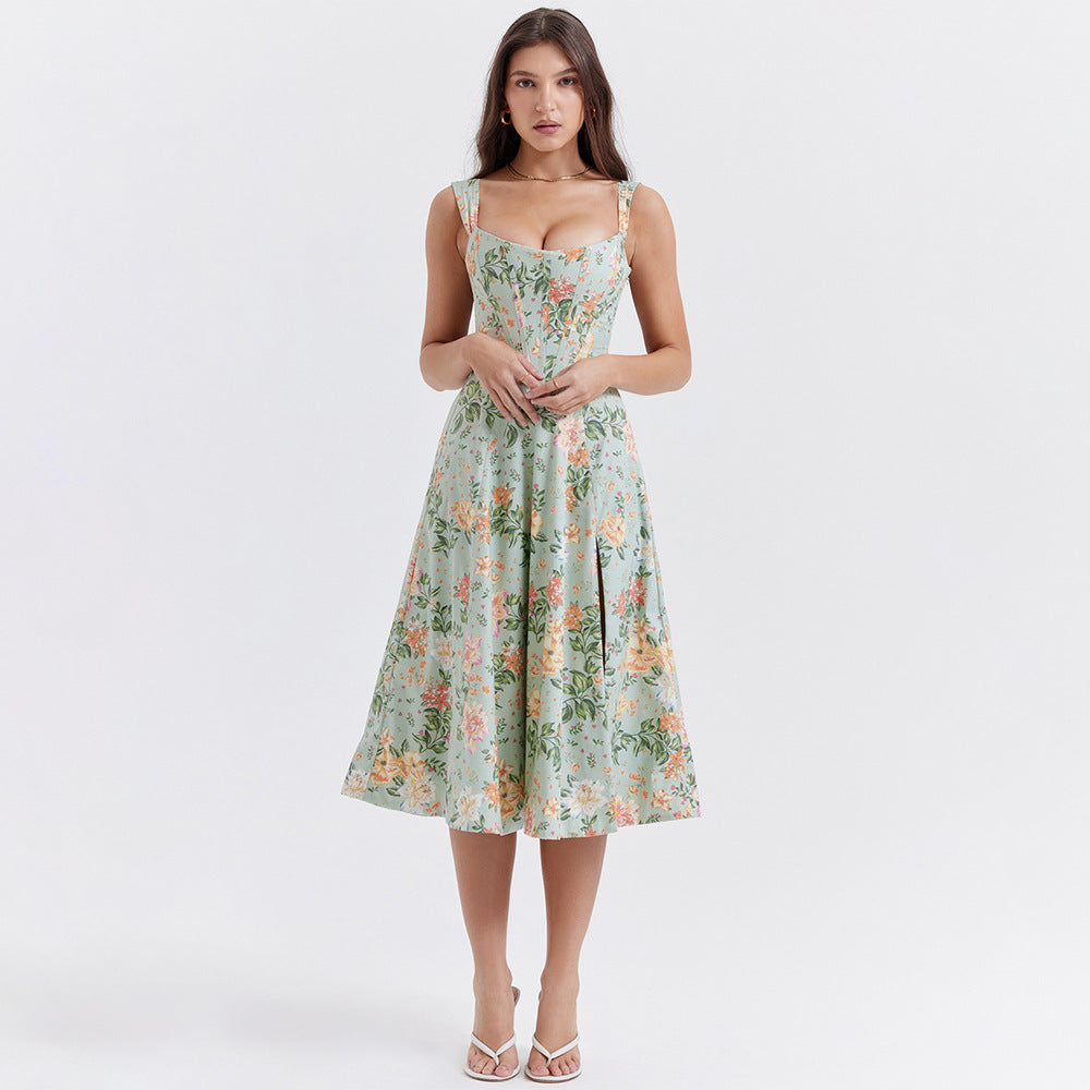 Floral Print Corset Boning Scoop Neck Tank Strap Side Slit A-Line Midi Dress 7