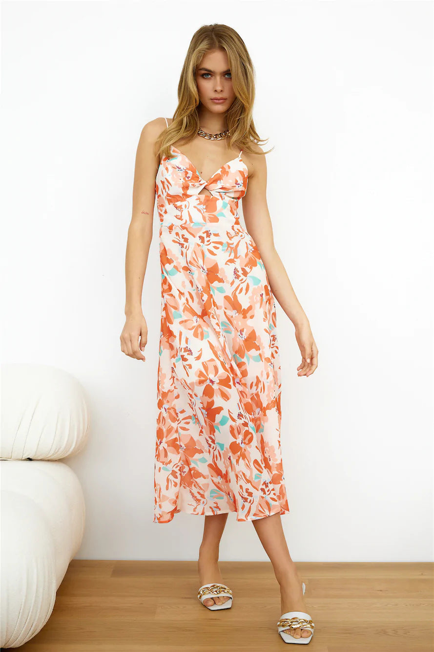 Floral Print Sweetheart Twist Bust Cut Out Spaghetti Strap Midi Dress 4
