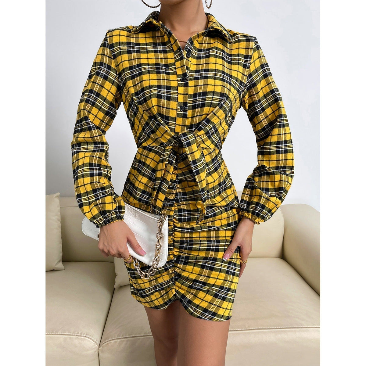 Pointed Collar Button Down Bishop Sleeve Tie Waist Ruched Plaid Shirt Mini Dress