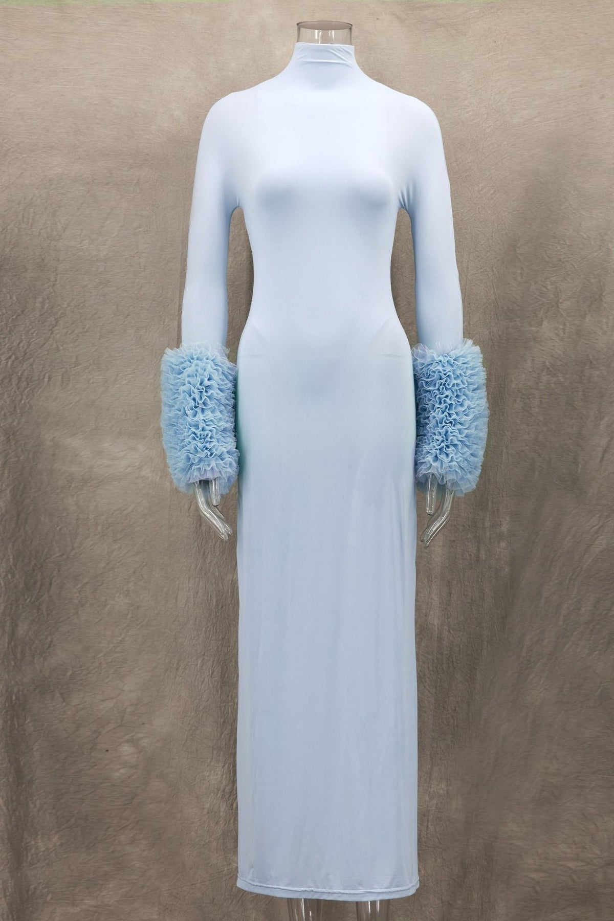 Mock Neck Ribbed Knit Oversized Ruffle Cuff Column Maxi Gown 8